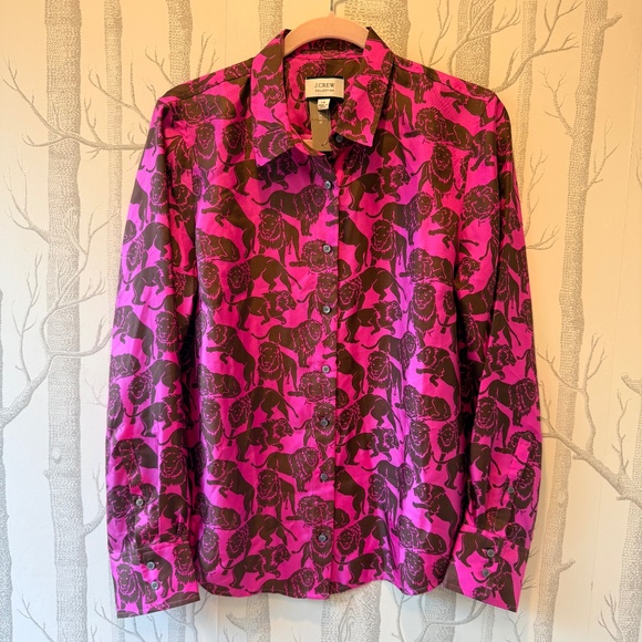 NWT J. Crew Collection Fuchsia Silk Twill Shirt in Brown Sleepy Lions- Size 14. - Picture 2 of 6